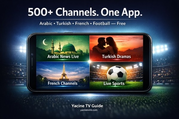 Yacine TV app showing Arabic, Turkish, and French live TV channels with football and news streams