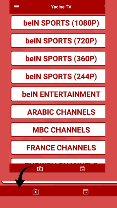 Yacine TV APK bottom menus